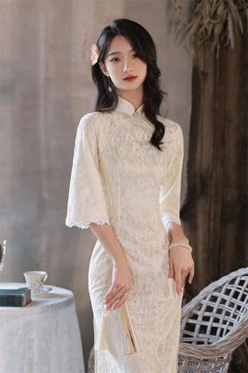 2022秋季新款复合蕾丝圆襟倒大袖旗袍 少女改良旗袍连衣裙年轻款