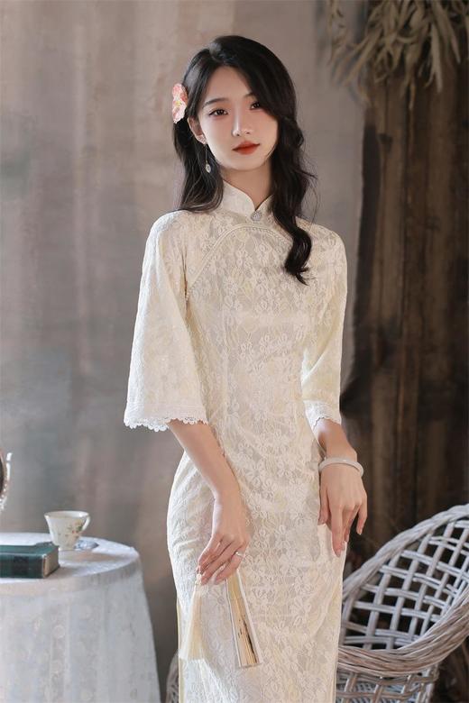 2022秋季新款复合蕾丝圆襟倒大袖旗袍 少女改良旗袍连衣裙年轻款 商品图0