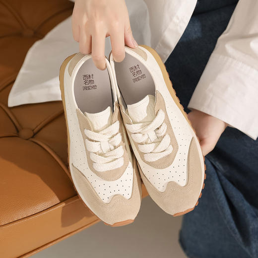 西村名物2023秋季新款圆头软底舒适扣平底防滑简约小白鞋运动鞋T23CM34411 商品图5