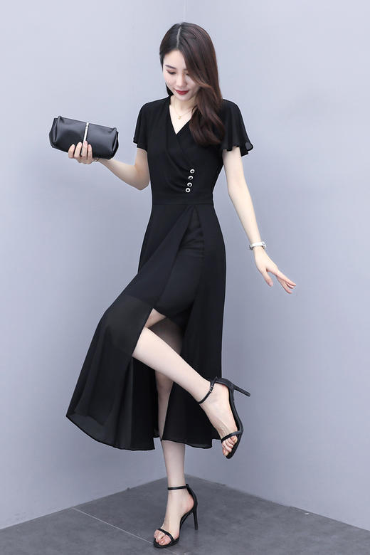气质优雅，时尚V领百搭潮流不规则连衣裙HR-QY20537-1 商品图5