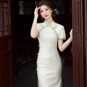 2023夏款侧八扣复合蕾丝花边旗袍连衣裙 复古典中国风旗袍年轻款