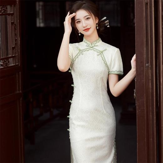 2023夏款侧八扣复合蕾丝花边旗袍连衣裙 复古典中国风旗袍年轻款 商品图0