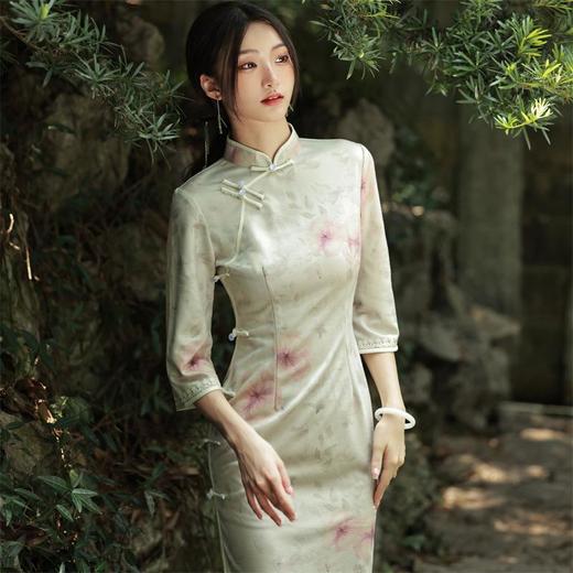 2023秋季新款雪花绒印花倒大袖中长款旗袍连衣裙清新文艺复古改良 商品图1