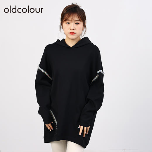 oldcolour欧珂秋季休闲黑色带帽套头长袖卫衣女O33103340 商品图0