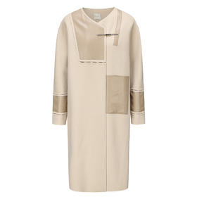 【冬日晴空】环保皮质撞色拼接直身绵羊毛大衣230000035B