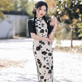 2023春夏新款雪纺植绒提花双层旗袍连衣裙复古改良旗袍少女年轻款