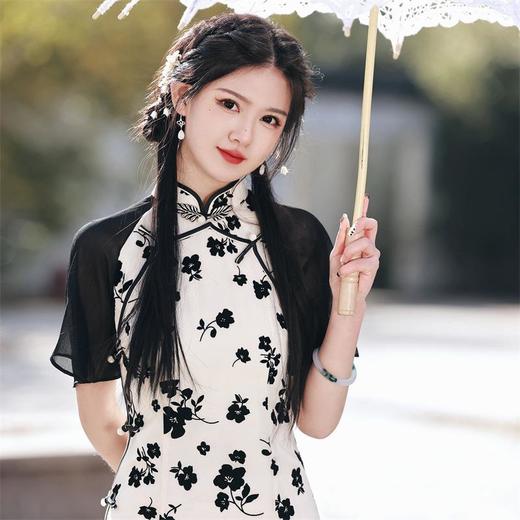 2023春夏新款雪纺植绒提花拼接双层旗袍连衣裙复古改良少女年轻款 商品图2
