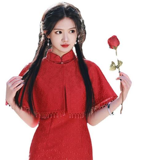 2023春夏款两件套斗篷复合蕾丝中长款旗袍连衣裙复古文艺改良旗袍 商品图4