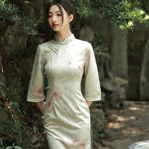 2023秋季新款雪花绒印花倒大袖中长款旗袍连衣裙清新文艺复古改良 商品图2