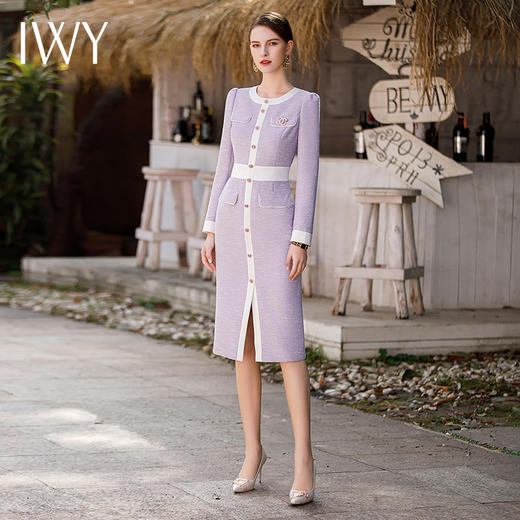IWY/名媛香芋紫色西装秋季连衣裙女长袖拼接职业裙工作服套裙Q858 商品图3