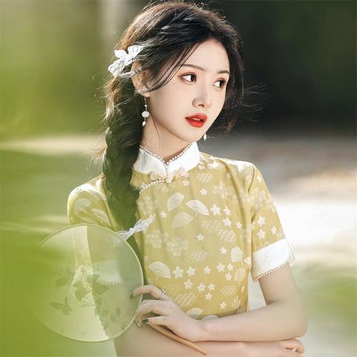 2023年春夏新款仿醋酸提花蕾丝花边中长款双层旗袍连衣裙年轻款 商品图4