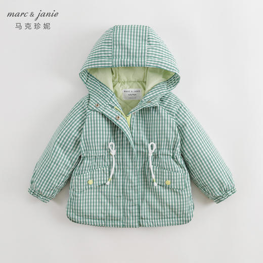 马克珍妮秋装新款女童儿童绿格印花收腰连帽风衣外套231787 商品图1