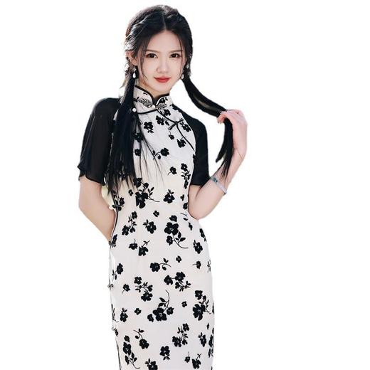 2023春夏新款雪纺植绒提花拼接双层旗袍连衣裙复古改良少女年轻款 商品图4