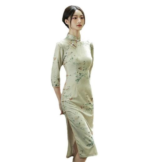 2023秋季新款雪花绒印花侧八扣中长款旗袍连衣裙复古改良少女旗袍 商品图3