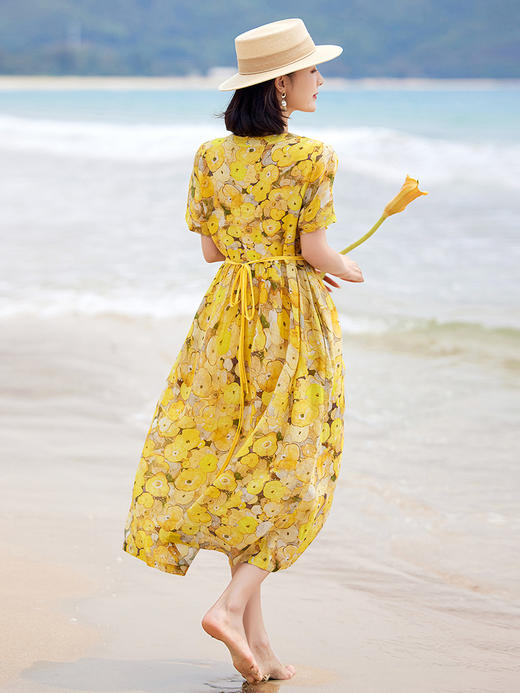 夏季黄色花朵印花苎麻连衣裙短袖薄款暑假旅行文艺温柔风长裙HMYM-S380 商品图3