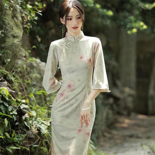 2023秋季新款雪花绒印花倒大袖中长款旗袍连衣裙清新文艺复古改良 商品图0