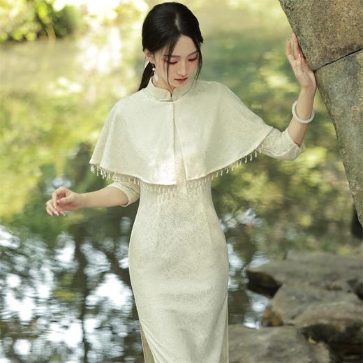 2022秋冬新款复合蕾丝两件套披肩中袖旗袍连衣裙气质文艺民国风 商品图0