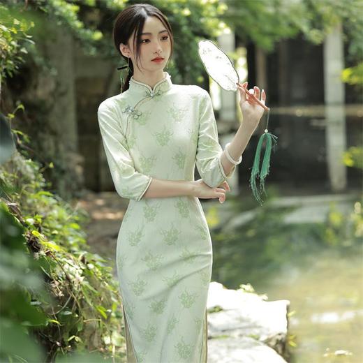 2023秋季新款复合蕾丝花边钉珠中袖旗袍连衣裙复古改良民国风旗袍 商品图2