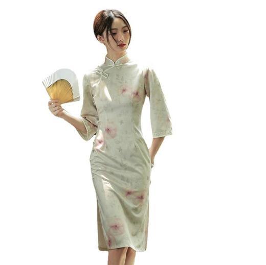 2023秋季新款雪花绒印花倒大袖中长款旗袍连衣裙清新文艺复古改良 商品图4