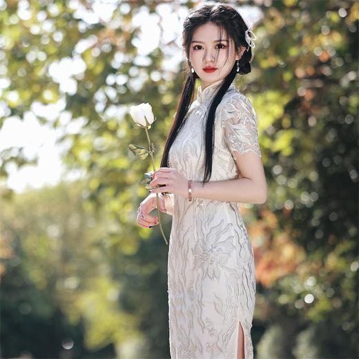 2023春夏新款重工网纱刺绣双层中长款旗袍连衣裙清新少女改良旗袍 商品图3