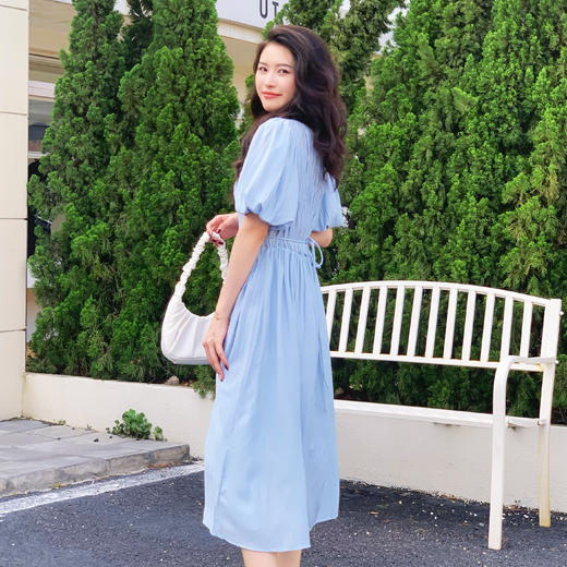 【百图lulu定制】【水波纹连衣裙】天丝仿麻料 优雅知性 清新天空蓝 法式连衣裙 商品图3