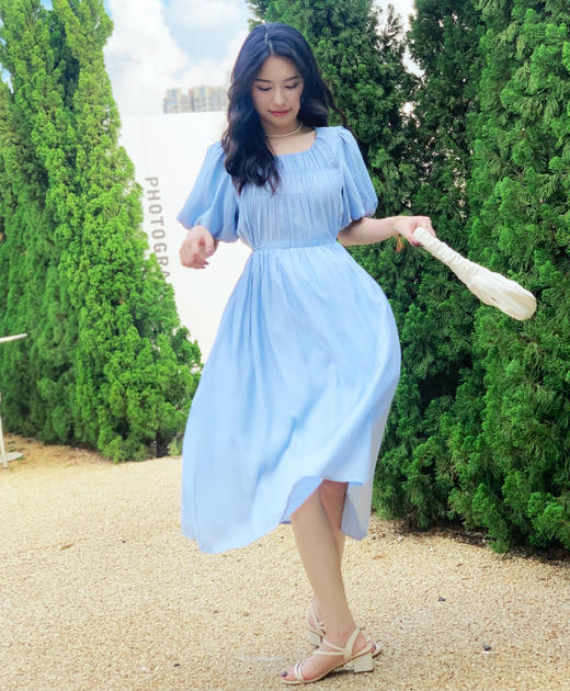 【百图lulu定制】【水波纹连衣裙】天丝仿麻料 优雅知性 清新天空蓝 法式连衣裙 商品图5