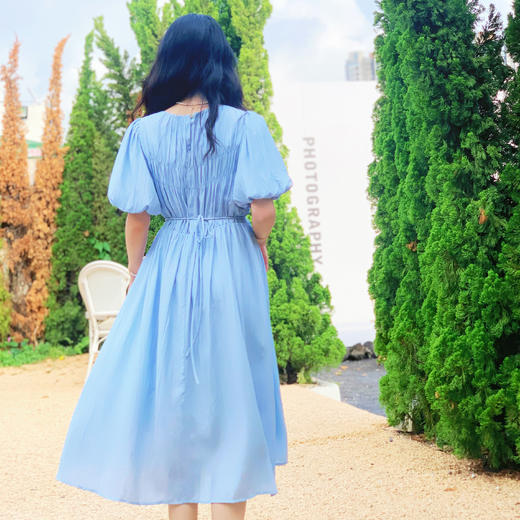 【百图lulu定制】【水波纹连衣裙】天丝仿麻料 优雅知性 清新天空蓝 法式连衣裙 商品图10