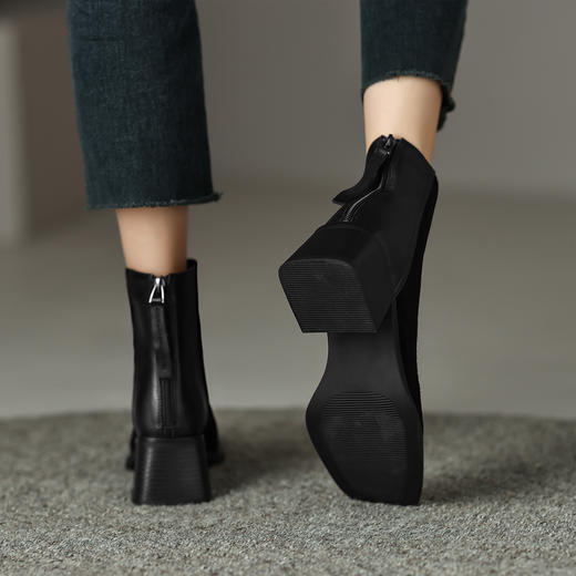 阿么手工女鞋复古真皮切尔西短靴小方头百搭5CM气质英伦风时装靴 商品图4