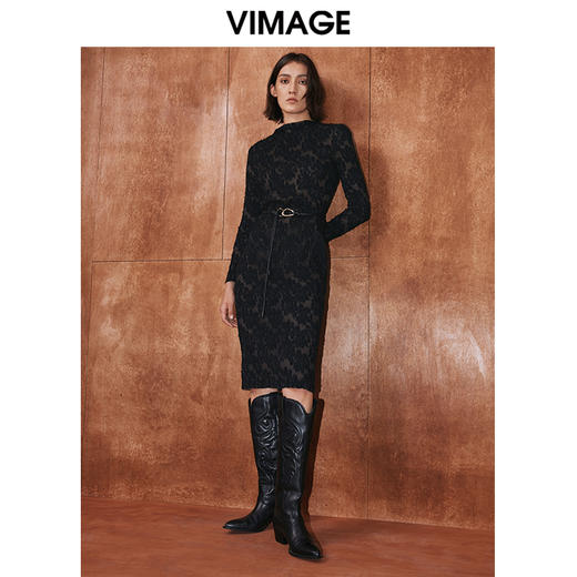 VIMAGE纬漫纪秋季新款时尚优雅通勤显瘦收腰蕾丝连衣裙V2007615 商品图3