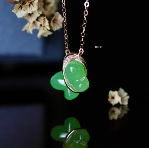18K玫瑰金和田玉（碧玉）镶钻项链--蝶/蝶形9*12mm/链长40+2cm 商品图1