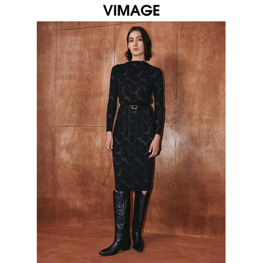 VIMAGE纬漫纪秋季新款时尚优雅通勤显瘦收腰蕾丝连衣裙V2007615 商品图2