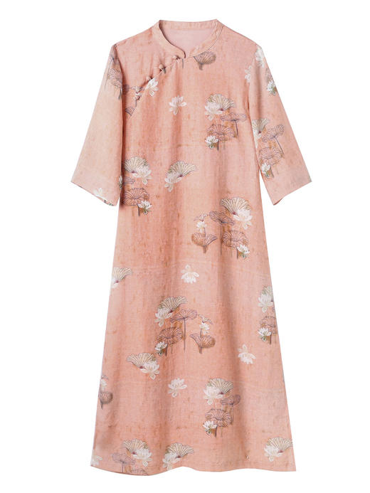 复古中国风，印花改良旗袍裙开叉夏新款荷花中袖立领苎麻连衣裙YM-S402-1 商品图4