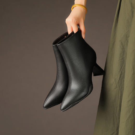 阿么手工女鞋尖头真皮高跟短靴女7.5CM百搭职业法式气质裸靴时尚 商品图4