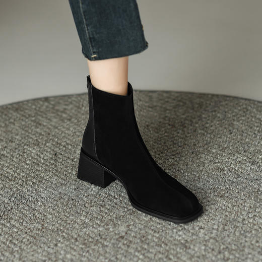 阿么手工女鞋复古真皮切尔西短靴小方头百搭5CM气质英伦风时装靴 商品图2