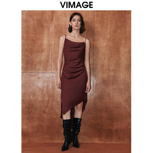 VIMAGE纬漫纪秋季新款气质性感荡领吊带开叉不规则裙摆礼服连衣裙V2077603 商品图2
