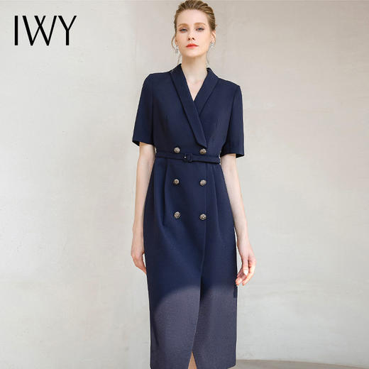 IWY/时尚藏青色绑带连衣裙双排扣绑带职业西装裙美容院工装232029Q1 商品图2