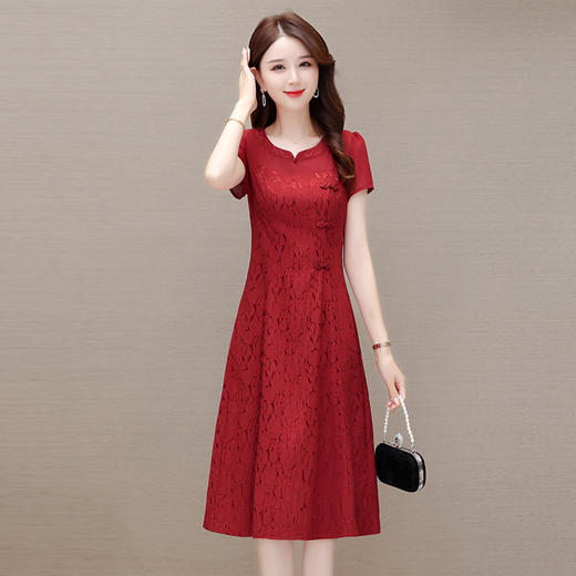 复古国风优雅连衣裙，圆领短袖气质A字裙QYM-GWA16-L 商品图1