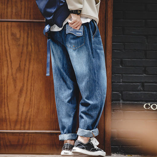 工装优选 美式休闲磨白丹宁牛仔裤水洗猫须宽松阔腿直筒长裤男秋 商品图0