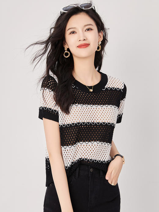 休闲百搭，气质显瘦7针镂空条纹针织上衣T恤女WLZD-2318109 商品图2