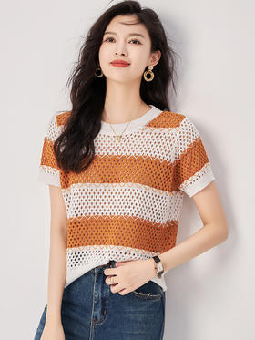 休闲百搭，气质显瘦7针镂空条纹针织上衣T恤女WLZD-2318109