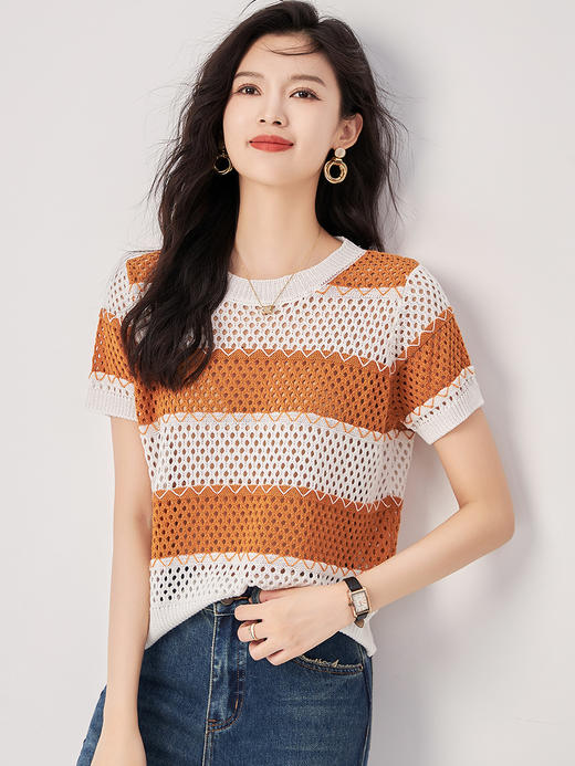 休闲百搭，气质显瘦7针镂空条纹针织上衣T恤女WLZD-2318109 商品图0