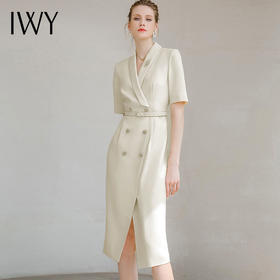 IWY/气质名媛短袖连衣裙女时尚双排扣绑带职业西装裙美容院工装232029Q1