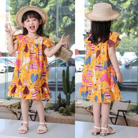 【PF】欧吉兔全棉A字裙连衣裙春季中小童女花边袖童装卡通印花童连衣裙