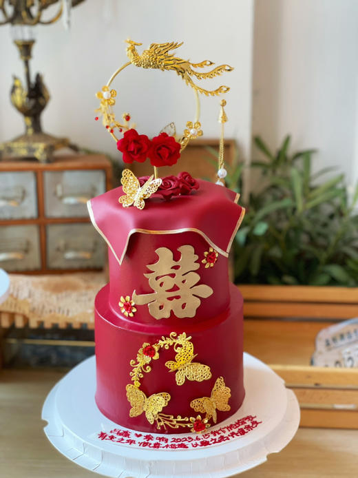 复古中国红结婚蛋糕，提前3天以上预定，深色奶油易染色，建议挂掉外层彩色奶油后食用 商品图2