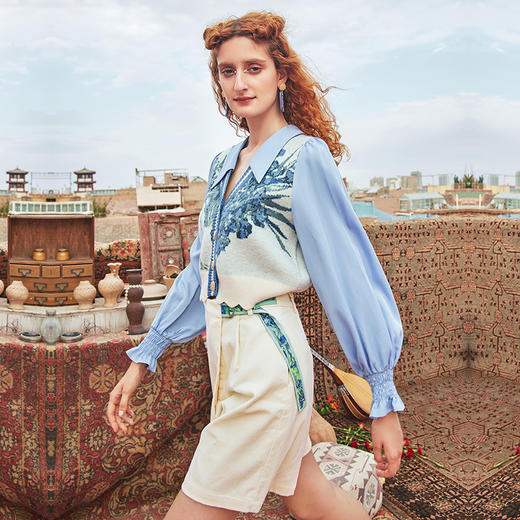 两三事梵高艺术香茅树莓2023秋季新款复古文艺绑带设计休闲裤 商品图4