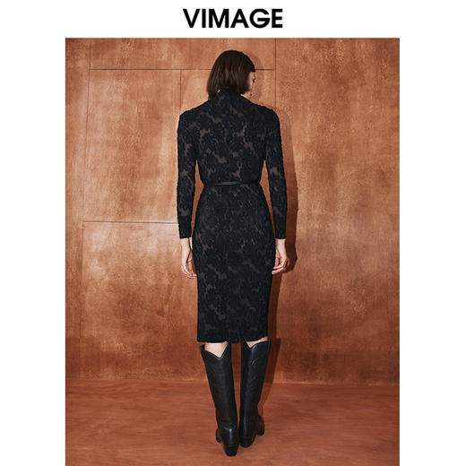 VIMAGE纬漫纪秋季新款时尚优雅通勤显瘦收腰蕾丝连衣裙V2007615 商品图4