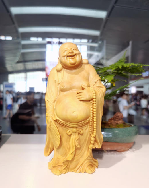 18.5cm大款 拿扇弥勒佛°黄杨木雕摆件 商品图0