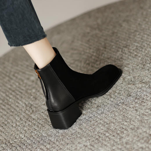 阿么手工女鞋复古真皮切尔西短靴小方头百搭5CM气质英伦风时装靴 商品图3