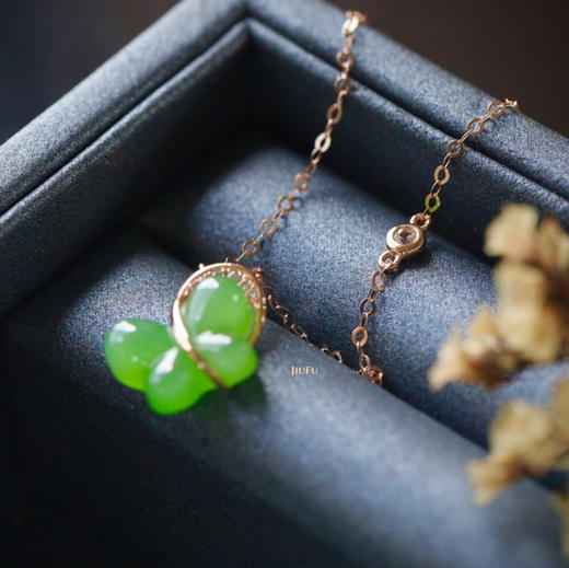 18K玫瑰金和田玉（碧玉）镶钻项链--蝶/蝶形9*12mm/链长40+2cm 商品图6