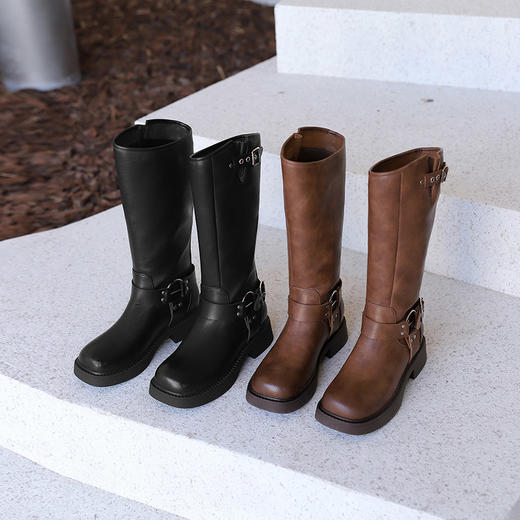 西遇长筒骑士靴女新款秋季马丁靴美式甜酷风棕色厚底机车靴子V0033838 商品图4